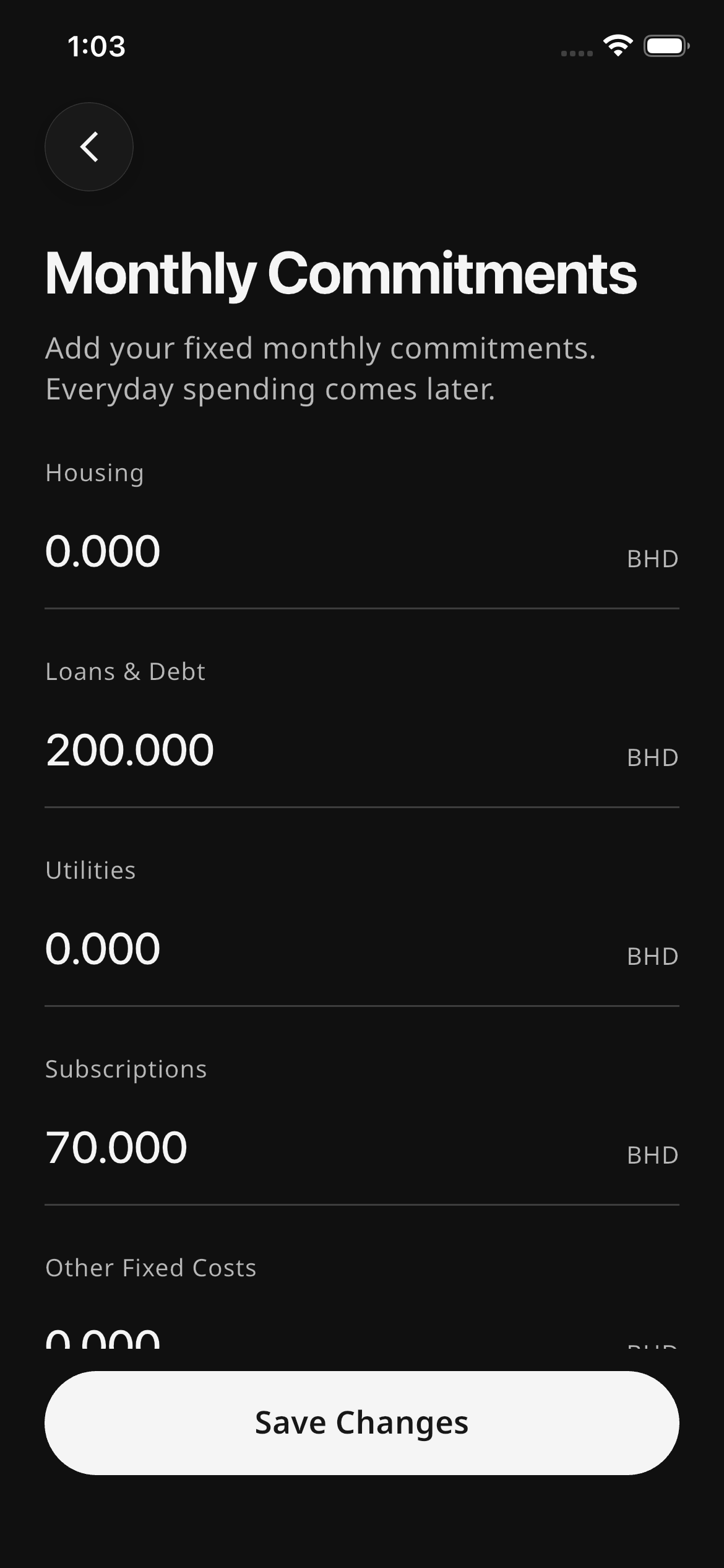 Monthly Commitments editor showing housing, loans and debt, utilities, subscriptions, and other fixed costs in Bahraini dinars.