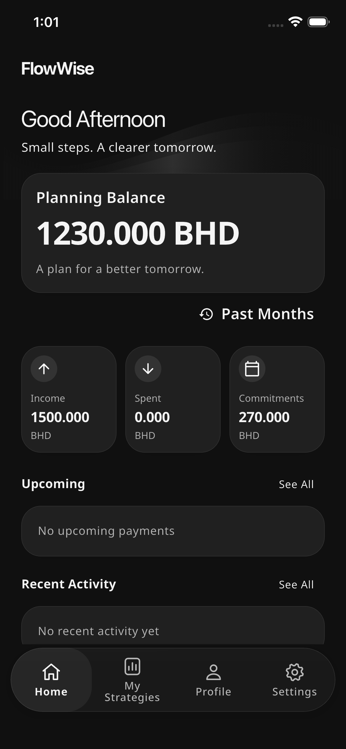FlowWise Home with a demo planning balance, monthly income, spending, fixed commitments, and empty upcoming and recent activity sections.