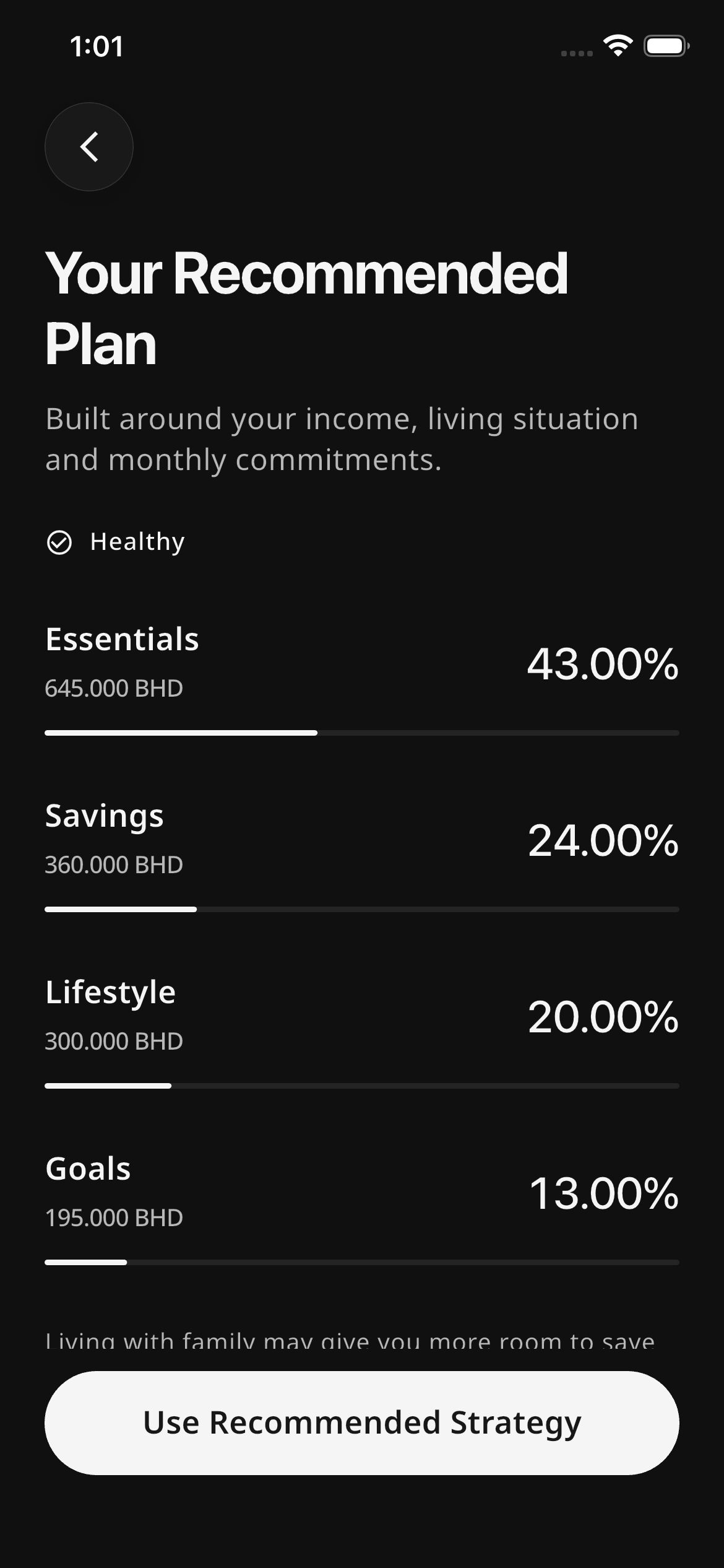 A healthy recommended plan with percentage and monetary allocations for Essentials, Savings, Lifestyle, and Goals, based on the demo profile.