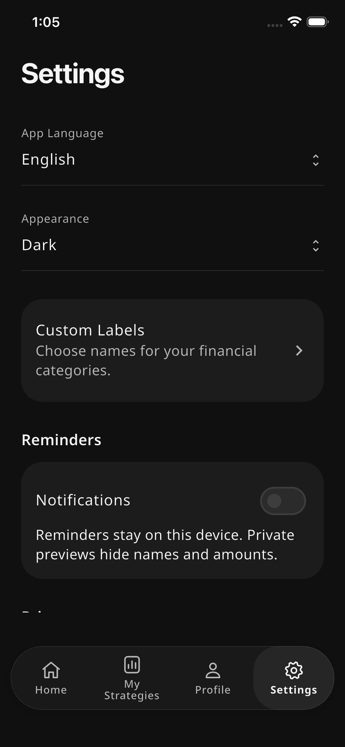 FlowWise Settings showing English language, dark appearance, custom category labels, and local reminders with notifications turned off.