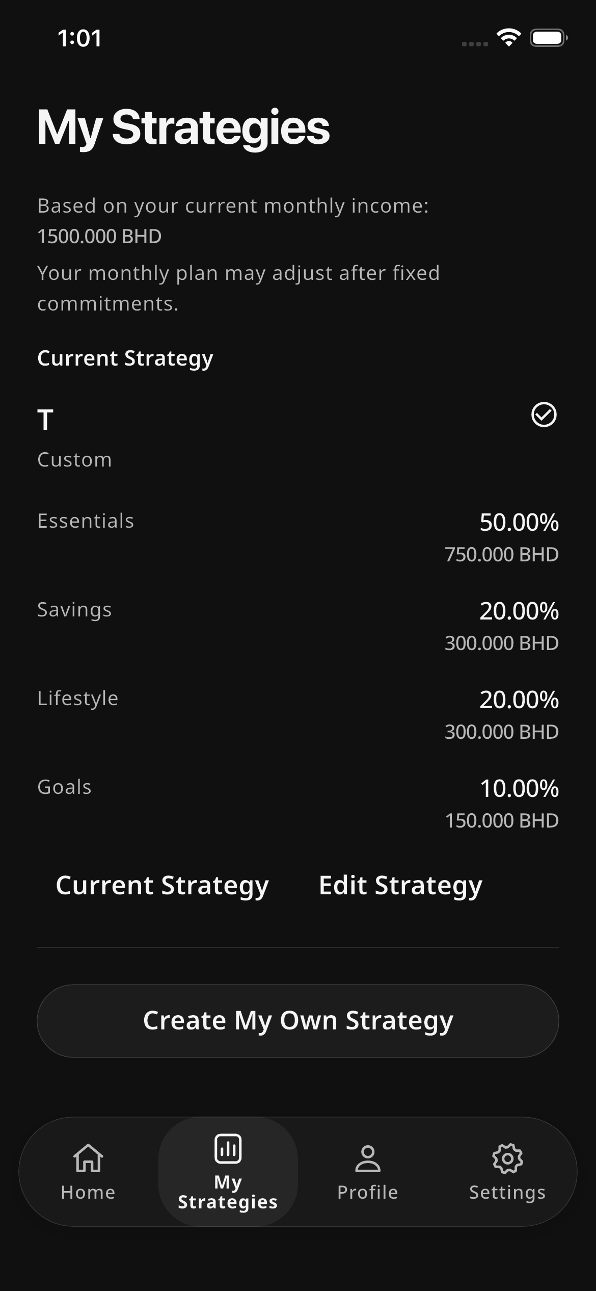 My Strategies displaying the existing custom demo plan, four category percentages and monetary previews, with strategy editing and creation controls.