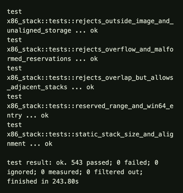 Actual native host test output ending with stack regression tests and a result of 543 passed, zero failed. Host-only modeling does not represent live guest paging capabilities.