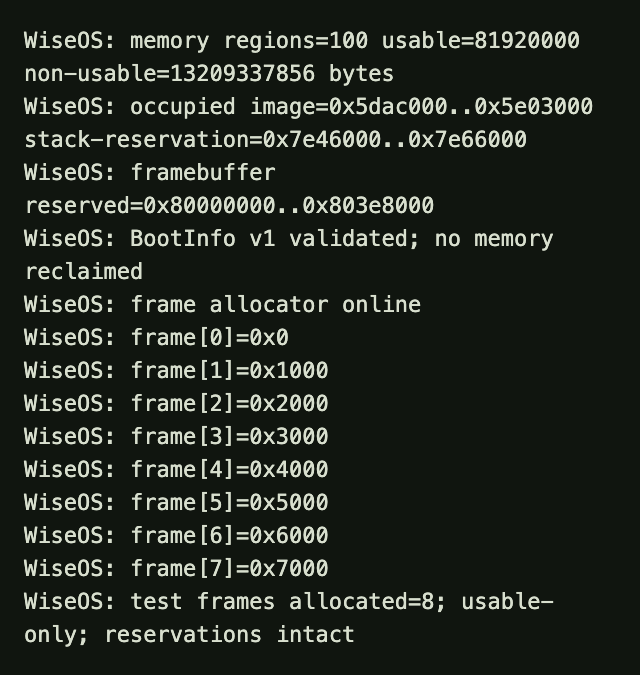 WiseOS memory diagnostics showing reserved image, inherited stack and framebuffer ranges, validated BootInfo, and eight allocated physical frames with reservations intact.